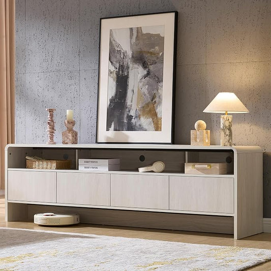 AMERLIFE 70" Modern TV Stand for TVs Up to 80", Wood TV Console with Curved Profile Design & 2 Storage Cabinets, Media Console Entertainment Center for Living Room, White