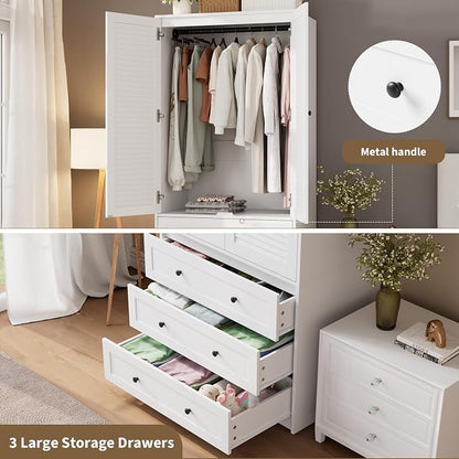 GarveeHome Armoire Wardrobe Closet with Drawers, 69.5 in Wooden Wardrobe Cabinet with Hanging Rod, 2 Doors Clothing Storage Cabinet for Bedroom, Large Capacity Storage, Louvered Door, White