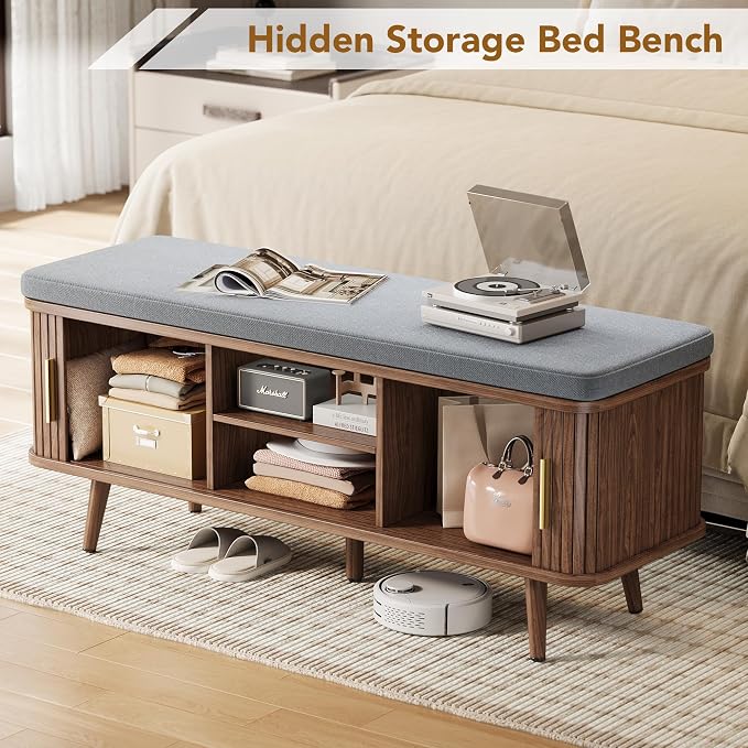 Decofy Shoe Storage Bench with Cushion and Sliding Doors, 47.2 Inch Shoe Bench with Storage, Freestanding Entryway Bench with Shoe Storage, with Solid Wood Legs, for Hallway & Entrance Hall, Walnut