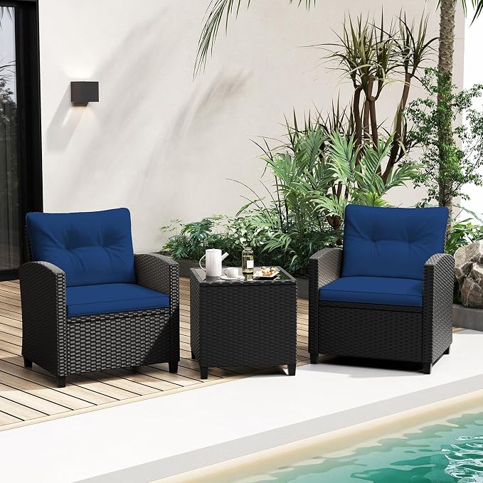 Tangkula 3 Piece Patio Furniture Set, Rattan Conversation Set w/Soft Seat & Back Cushions, Tempered Glass Topped Coffee Table, Cushioned Wicker Seating Set for Backyard, Porch, Poolside