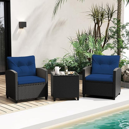 Tangkula 3 Piece Patio Furniture Set, Rattan Conversation Set w/Soft Seat & Back Cushions, Tempered Glass Topped Coffee Table, Cushioned Wicker Seating Set for Backyard, Porch, Poolside