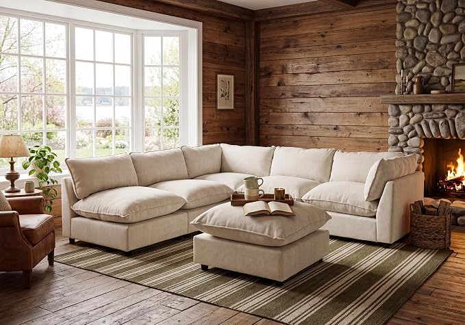 Iroomy Modular Sectional Sofa, Oversized Chenille Cloud Couch, Deep Comfy Seat, 6-Seater Sofas Couches for Living Room, Beige, High Feet