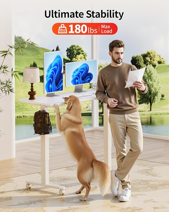Okin Standing Desk Electric Adjustable Computer Whole Piece Stand up Desk with Wheels Office Gaming Home Office Memory Desks 48x24 inches White