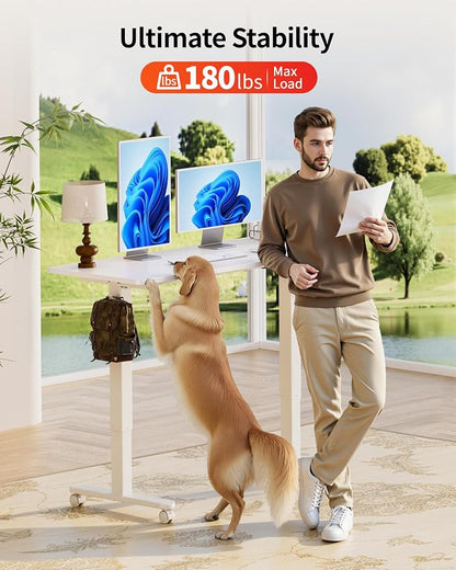 Okin Standing Desk Electric Adjustable Computer Whole Piece Stand up Desk with Wheels Office Gaming Home Office Memory Desks 48x24 inches White