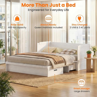 CECER Murphy Bed Queen with Mattress Included for Guest/Small Space-White | Built-in Multi-Port Charging Station ＆ Large Storage Drawer，Space Saving ＆ Easy Assemble and Conversion