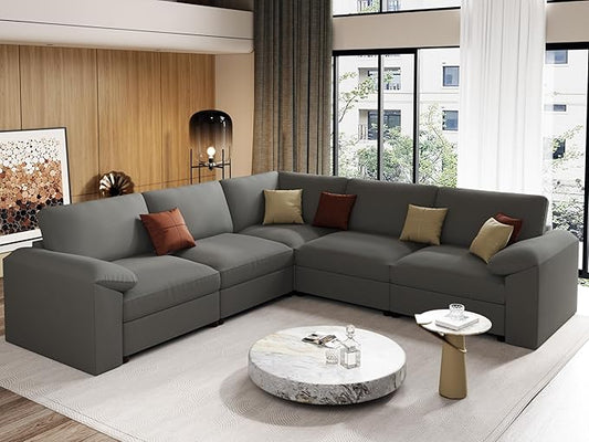 EASE MOOSE Oversized Corner Modular Sectional Sofa, Faux Leather Sectional Sofa with Deep Seat, Scratch Resistant Faux Leather Material, Extra Large L Shaped Couch for Living Room, Grey