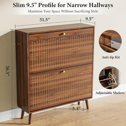 Nicetree Mid-Century Modern Slim Shoe Cabinet for Entryway, 9.5" Narrow Shoe Storage Cabinet with Architectural Arched Fluted Front, Entryway Shoe Storage with Adjustable Shelves,Classic Walnut