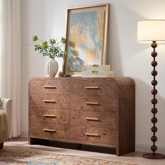 Curved 8 Drawer Dresser for Bedroom, 53.82'' Wide Chest of Drawers, Modern Storage Cabinet for Hallway & Living Room TV Stand, FSC Certified 1.18" Thick Board, 100 lbs Top Weight, Dark Burl