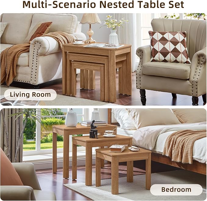 Joaxswe Farmhouse Nesting Tables Set of 3, Living Room Table Set with Rounded Corners & 4 Thickened Table Legs & Stacking Capability, Dark Wood
