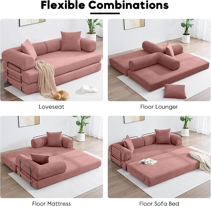 ZEIINPA 78.5 Inch Convertible Sleeper Sofa Bed, 5 in-1 Boneless Floor Couch Bed with Fixed-Shape Frame, Modular Futon Couch for Living Room, Apartments, RV Studio, Bedroom, Small Spaces, Pink