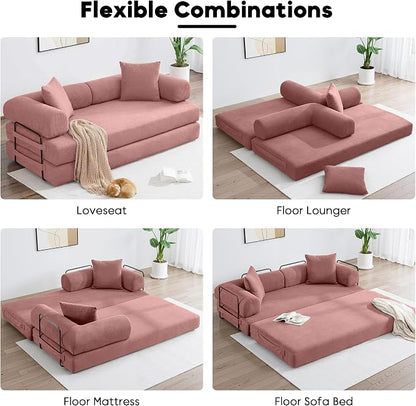 ZEIINPA 78.5 Inch Convertible Sleeper Sofa Bed, 5 in-1 Boneless Floor Couch Bed with Fixed-Shape Frame, Modular Futon Couch for Living Room, Apartments, RV Studio, Bedroom, Small Spaces, Pink