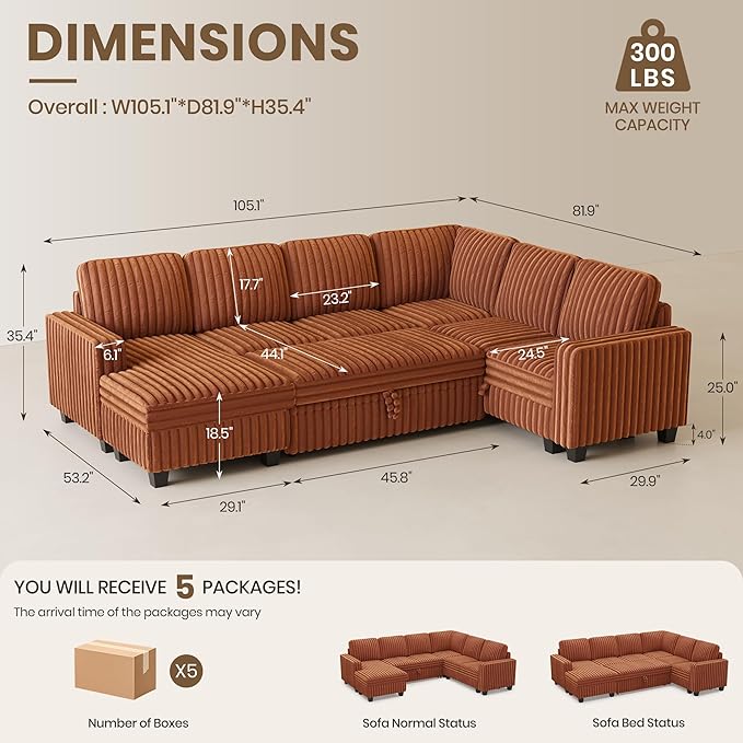 Belffin Corduroy Sleeper Sofa Bed with Storage Chaise Modular Sectional Sofa Couch with Pull Out Bed L Shaped Sectional Couches for Living Room Brick Red Couch