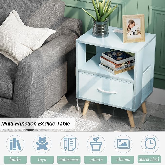 Aenuert Night Stand with Charging Station, Blue Nightstand with Drawer, 2-Tier Wooden Bedside Table with USB Ports and Outlets, End Table for Small Space, Living Room, Bedroom