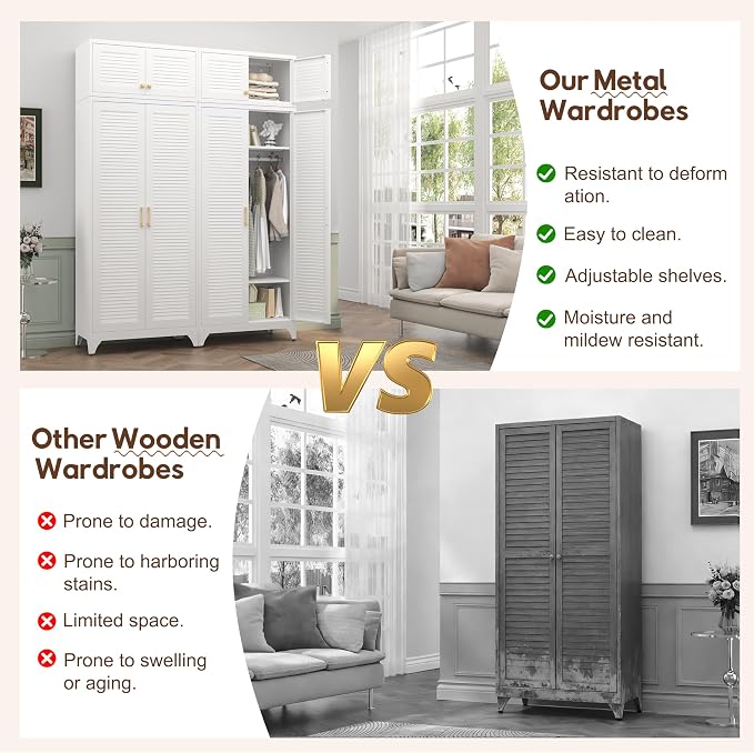 UNICOLY Armoire Wardrobe Closet with Doors, 86'' Wardrobe Cabinet with Hanging Rod, Metal Closet with 2 Adjustable Shelves for Bedroom School, Employee, Gym, White, Shipped in 2 Packages