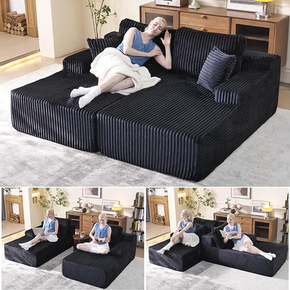 WHGBJA Oversized 79” Double Chaise Lounge Sofa Bed, Deep Seat Corduroy Cloud Loveseat Chair, No Assembly, Plush Upholstered Sleeper for Living Room or Bedroom (Dark Black)