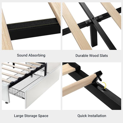 Allewie Upholstered Full Size Platform Bed Frame with 4 Storage Drawers and Headboard, Diamond Stitched Button Tufted, Mattress Foundation with Wooden Slats Support, No Box Spring Needed, White