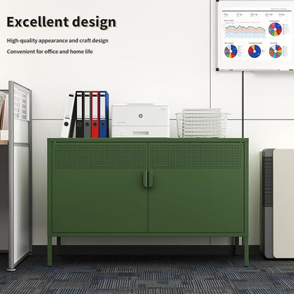 Metal Storage Locker Cabinet with 2 Doors & Adjustable Shelves, 25" Green Accent Furniture, Multipurpose Office Dresser or TV Stand for Home Entryway (Green, 25H)