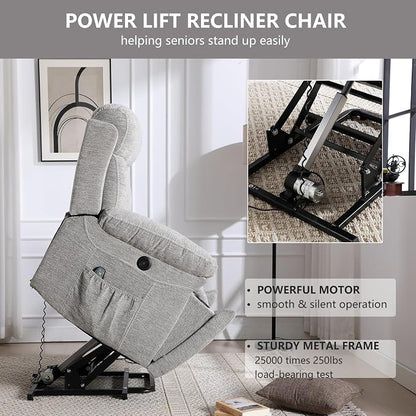 CANMOV Large Power Lift Recliner Chairs with Massage and Heat for Elderly Big People, Heavy Duty Motion Reclining Mechanism-Anti Skid Fabric Recliner Chair with 2 Concealed Cup Holders, Smoke Gray