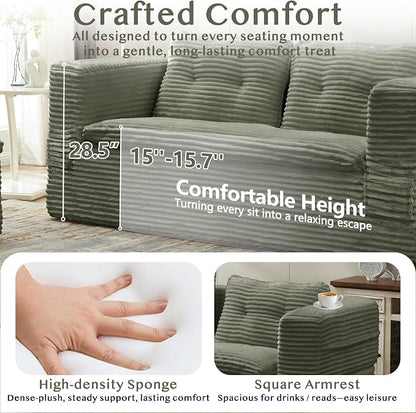 80'' Futon Sofa Bed, King Size Foldable Sleeper Sofa, Corduroy Boneless Loveseat Couch with Chaise Lounge, 3 Pillows, Blanket, Upholstered Sectional Couches for Living Room,Bedroom, Pine Green
