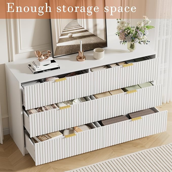 Furniway White Dresser Bedroom Set 3 Pieces, Nightstands Sets of 2, 6 Drawer Dresser with Gold Handles for Bedroom
