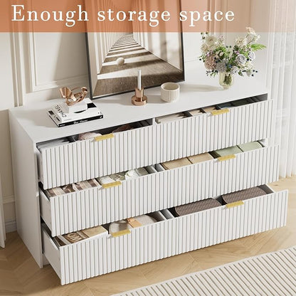Furniway White Dresser Bedroom Set 3 Pieces, Nightstands Sets of 2, 6 Drawer Dresser with Gold Handles for Bedroom