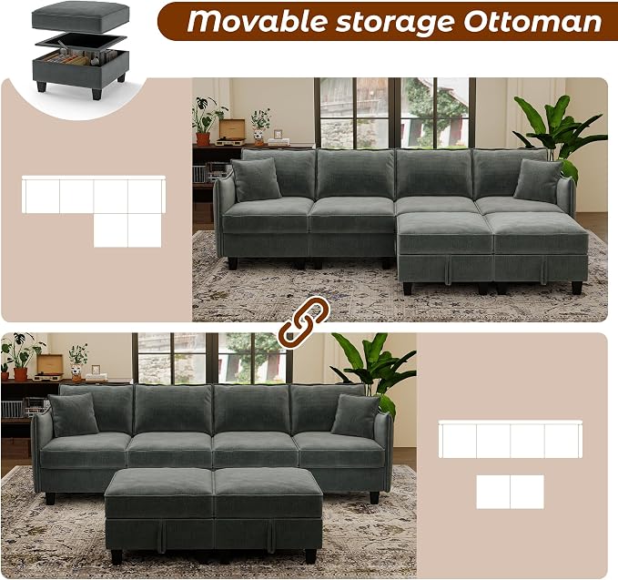 WorthFurni 112" Modular Sectional Sofa U Shape Couches with Storage Ottoman and Washable Cushion Cover for Living Room, Bedroom, Apartment(Grey)
