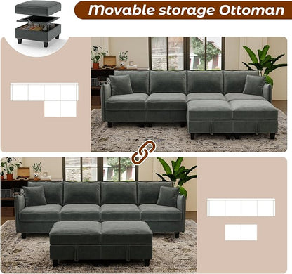 WorthFurni 112" Modular Sectional Sofa U Shape Couches with Storage Ottoman and Washable Cushion Cover for Living Room, Bedroom, Apartment(Grey)