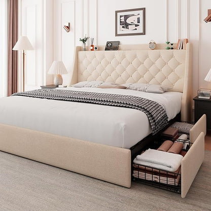 Feonase King Size Bed Frame with 4 Storage Drawers, Upholstered Storage Bed with Charging Station, Tufted Wingback Headboard, No Box Spring Needed, Beige