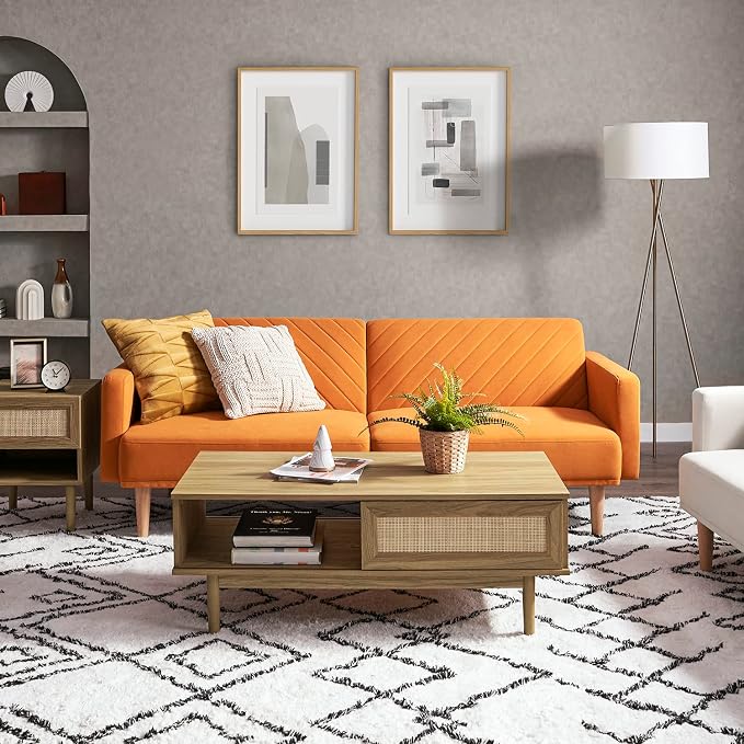mopio 76.4" Futon Sofa Bed, Couch, Loveseat, Sleeper Sofa, Mid Century Modern Futon Couch, Sofa Cama, Couches for Living Room (Apricot Velvet)