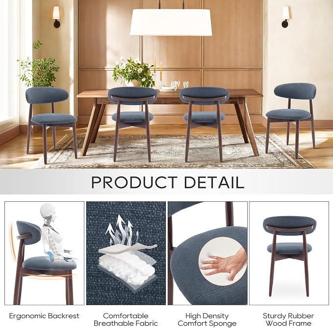 COLAMY Wooden Dining Room Chairs Set of 6, Modern Upholstered Fabric Dining Chairs, Farmhouse Kitchen Side Chair with Foot Pegs, Blue