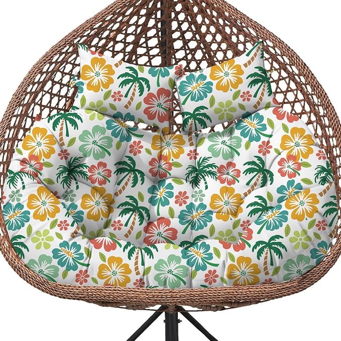 Double Egg Chair Cushion Replacement Waterproof for Outdoor Patio Hanging Basket Egg Couch, 59x43-Inch Thickened Cotton Large Double Eggs Swing Chair Cushions, Green Coconut Tree1#