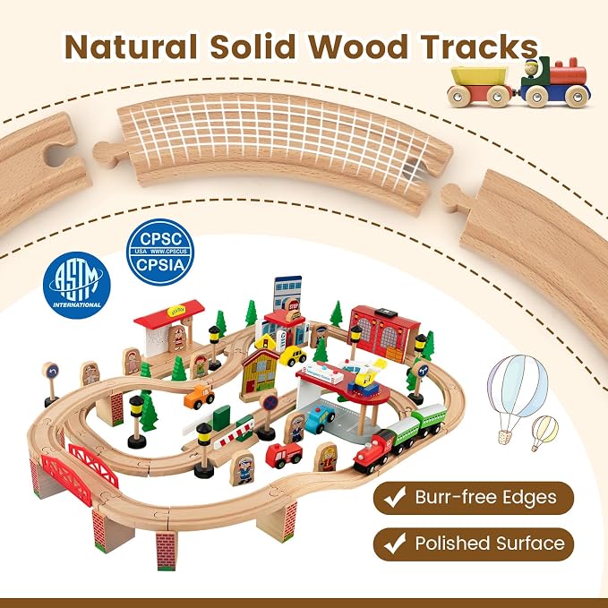 Costzon Train Table, 3-in-1 Wooden Train Set Table w/Reversible 84 PCS Track Train Toys, Table Map & Storage Drawer for Building, Playing, Studying, Kids Activity Table for Toddlers Aged 18 M+