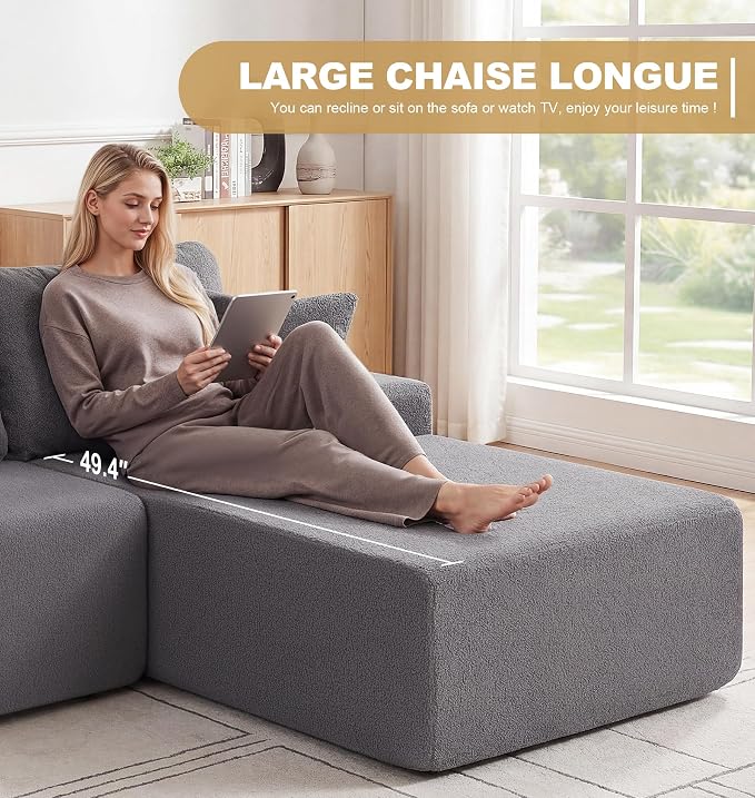 Hobestluk Modular Sectional Sofa Couches L-Shape Couch 3 Seat Modular Sofa Memory Foam Sectional Couches for Living Room, Cloud Couch with Oversized Chaise (Grey Smooth, 96", Right Hand Facing)