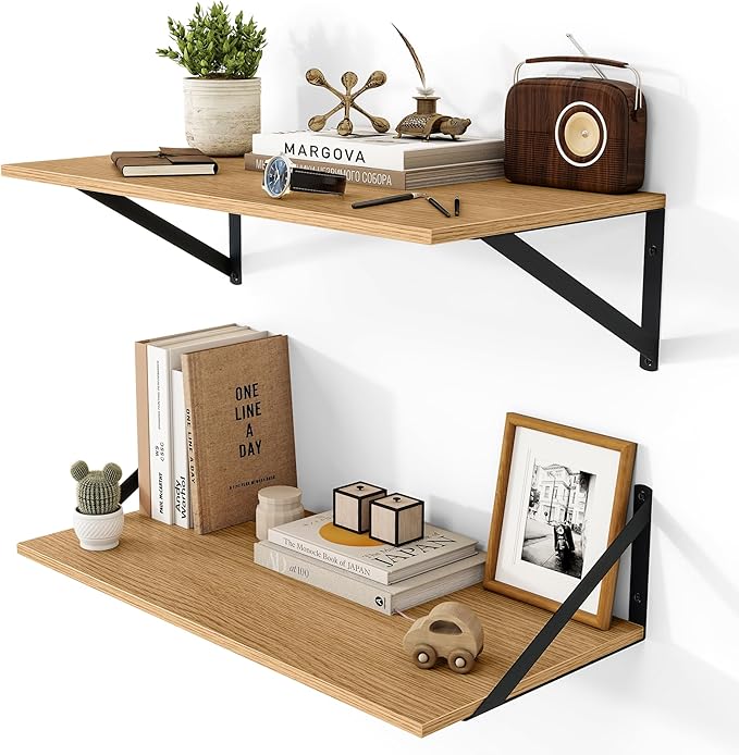 Heimlove 12 Inch Deep Floating Shelves for Wall, 24W x 12D Wood Wall Shelves Set of 2, Rustic Oak Wide Floating Bookshelf for Living Room, Kitchen, Office, Bedroom, with Black Metal Bracke - Oak