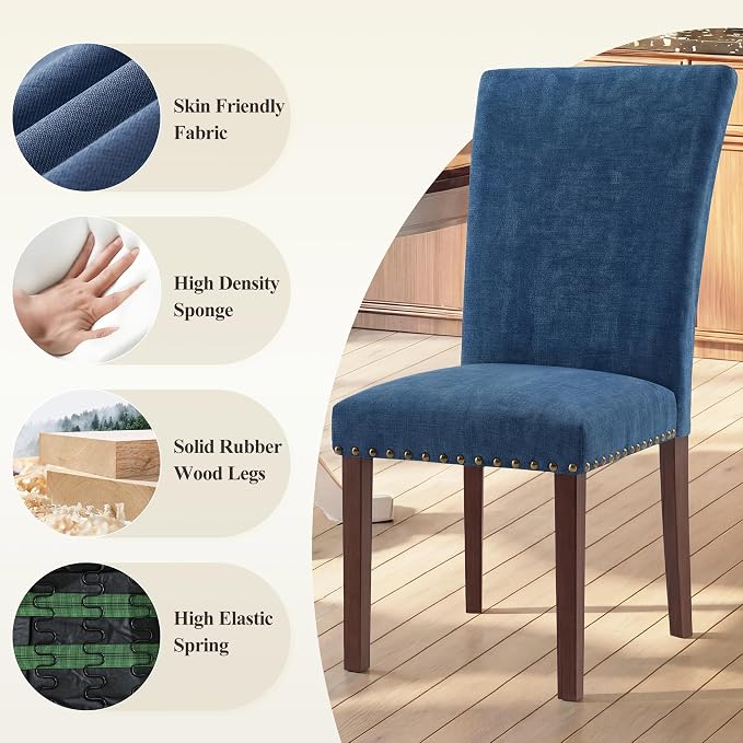 MALOL Dining Chairs Set of 2, High Back Dining Chair with Wood Legs and Nailhead Trim, Modern Padded Kitchen Room Chairs for Dining Room/Restaurant, Dark Blue