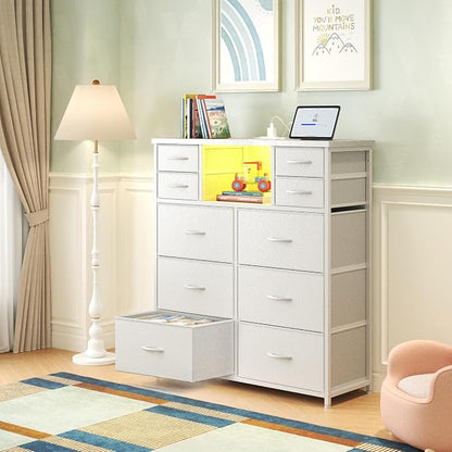 Romorgniz White Dresser for Bedroom with LED Lights & Power Outlets 2 AC & 2 USB, Fabric 10 Drawer Dressers & Chest of Drawers with Open Shelves for Hallway Living Room Closet, Metal Frame, Wood Top