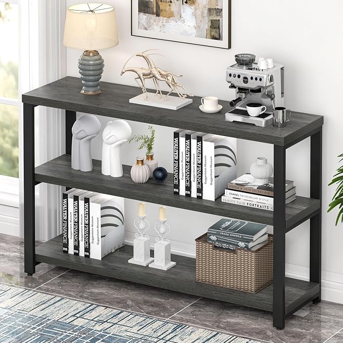 EXCEFUR 47 Inch Rustic Metal and Wood Entryway Table, Console Table Behind Couch with 3 Tier Storage Shelves, Sofa Table for Living Room Hallway Foyer, Industrial Grey