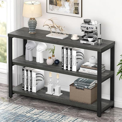 EXCEFUR 47 Inch Rustic Metal and Wood Entryway Table, Console Table Behind Couch with 3 Tier Storage Shelves, Sofa Table for Living Room Hallway Foyer, Industrial Grey
