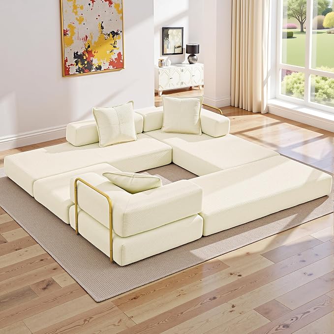 ivoros 108" Oversized Convertible Sleeper Sofa Bed, Corduroy L Shape Sectional Couch, Folding Sofa Bed with Fixed-Shape Frame, Modern Cloud Floor Mattress Couch, Modular Sofa for Living Room, Beige