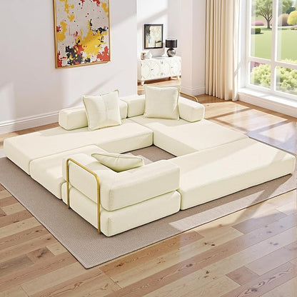 ivoros 108" Oversized Convertible Sleeper Sofa Bed, Corduroy L Shape Sectional Couch, Folding Sofa Bed with Fixed-Shape Frame, Modern Cloud Floor Mattress Couch, Modular Sofa for Living Room, Beige