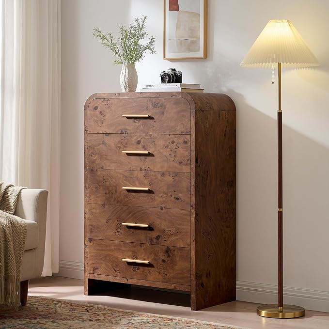 Curved 5 Drawer Dresser for Bedroom, 31'' Wide Chest of Drawers, Modern Storage Cabinet for Hallway & Living Room TV Stand, FSC Certified 1.18" Thick Board, 100 lbs Top Weight, Dark Burl