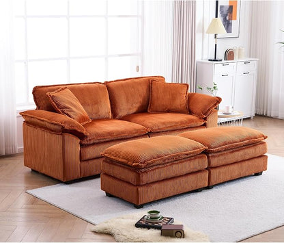 84.6” Corduroy Loveseat with Ottoman, Oversized Double Chaise Lounge Chair Indoor Deep Seat Two Seater Couch Cloud Couch Modular Sectional Sofa for Living Room(Corduroy Orange)