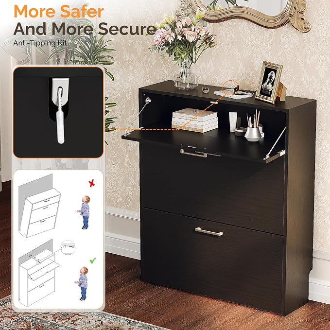 VINGLI Set of 2 Black Shoe Cabinet for Entryway, 2-Pack 31.5" W Extra Wide Slim Shoe Organizer with 2 Flip & 1 Drop-Down Drawers, Modern All-Black Shoes Rack, Narrow Freestanding Cabinet for Hallway