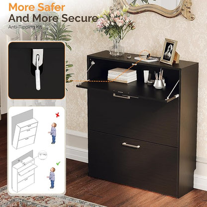 VINGLI Set of 2 Black Shoe Cabinet for Entryway, 2-Pack 31.5" W Extra Wide Slim Shoe Organizer with 2 Flip & 1 Drop-Down Drawers, Modern All-Black Shoes Rack, Narrow Freestanding Cabinet for Hallway