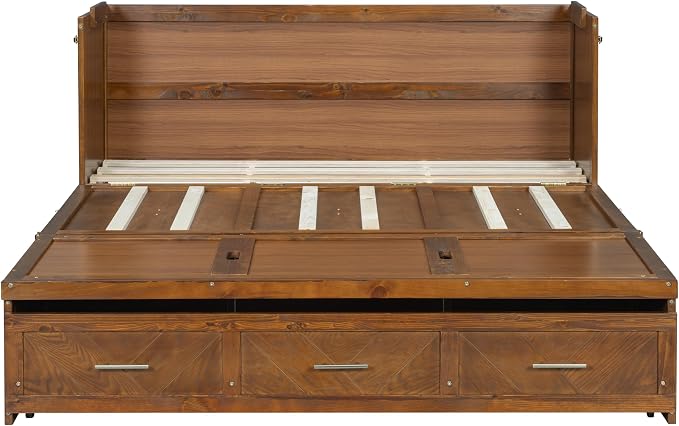Bellemave Queen Murphy Bed with Charging Station and Storage, Farmhouse Murphy Bed with Foldable Panel for Guest Bedroom, Living Room, Office, Walnut