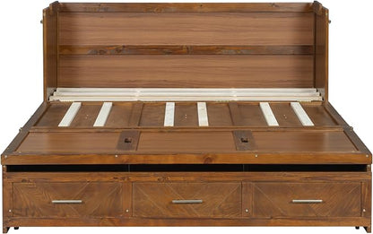 Bellemave Queen Murphy Bed with Charging Station and Storage, Farmhouse Murphy Bed with Foldable Panel for Guest Bedroom, Living Room, Office, Walnut