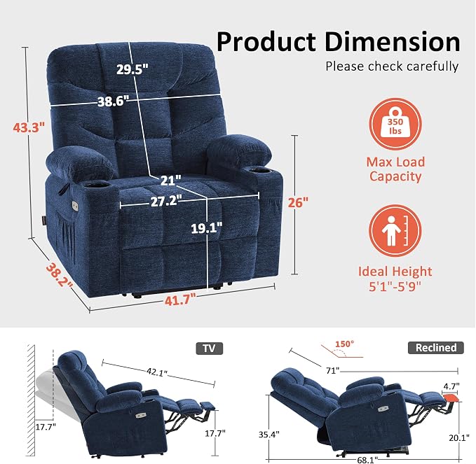 MCombo Oversized Power Lift Recliner Chair with Extended Footrest, Extra Wide for Big and Tall Elderly People, Fabric R7289 (Navy Blue, Medium-Wide)