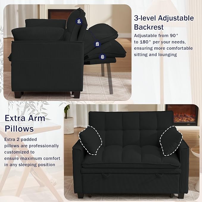 3 in 1 Convertible Sleeper Sofa Bed, 48" Pull Out Couches, Modern Loveseat Sleeper Sofa with Adjustable Reclining Backrest & Side Pockets for Living Room, Black