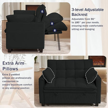 3 in 1 Convertible Sleeper Sofa Bed, 48" Pull Out Couches, Modern Loveseat Sleeper Sofa with Adjustable Reclining Backrest & Side Pockets for Living Room, Black