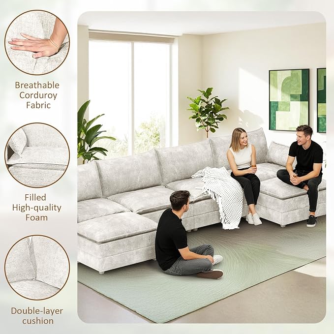 LEVELEVE 147" U-Shape Modular Sofa with 2 Ottomans, Deep Seat Cloud Convertible Sleeper, 2 Arm Pillows, Comfortable Large Upholstered Furniture for Living Room Apartment, Beige